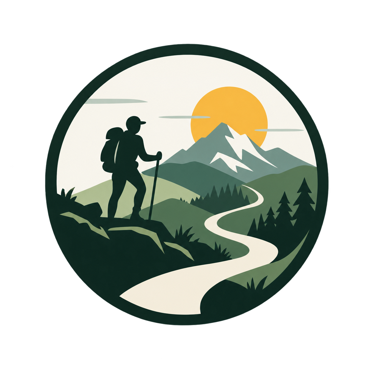 Amblygonitic mark: a trail climbing toward the sun with a waymark blaze