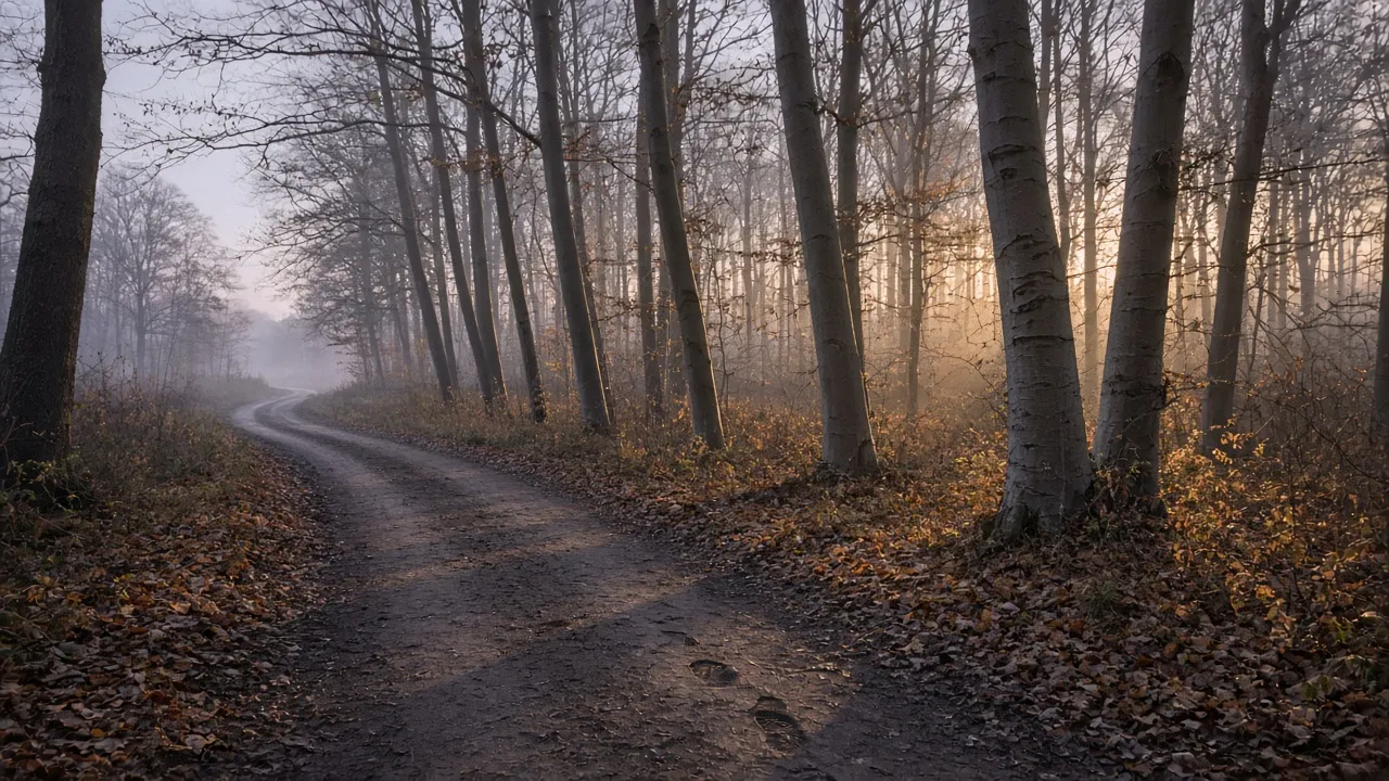 Late-day woodland path between beech trunks, with footprints in damp soil