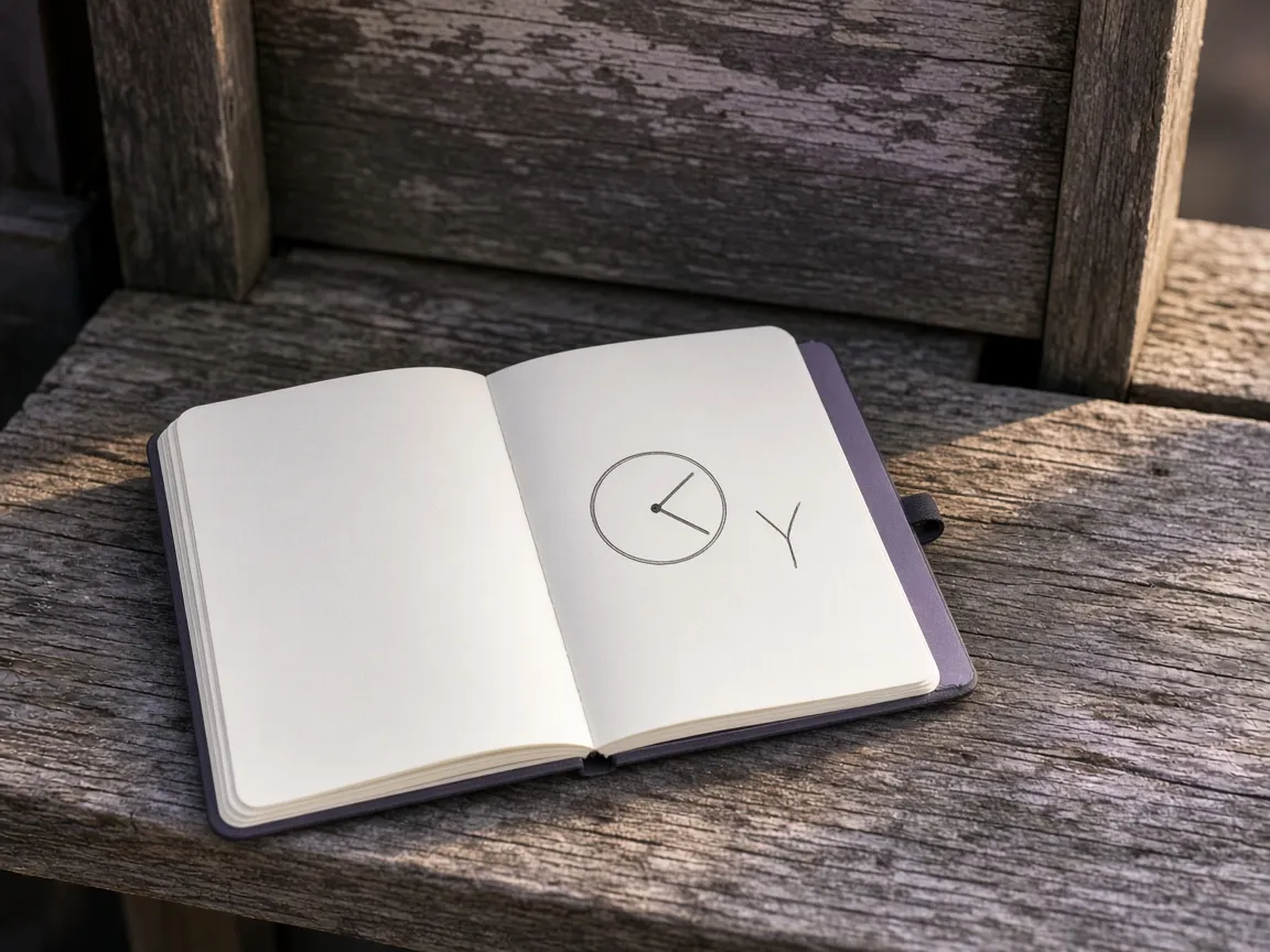 Open notebook on a trailhead kiosk ledge with a circled time and a junction sketch
