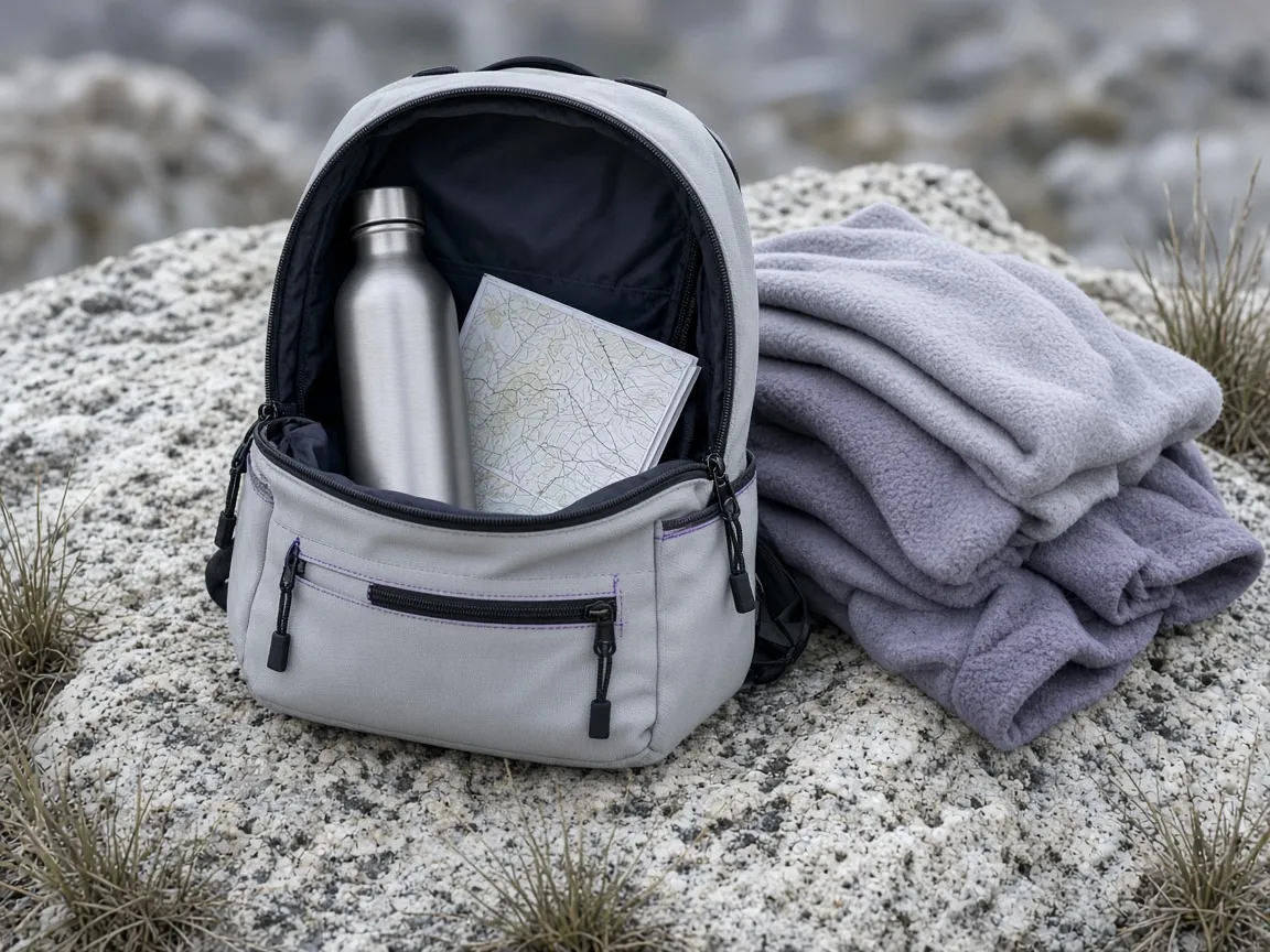 Open canvas daypack on a granite slab with a water bottle and folded map