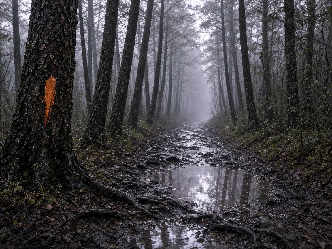 Rain-darkened forest path with exposed roots and orange waymark paint on a wet trunk