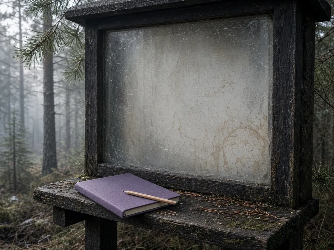 Weathered wooden trailhead kiosk with a paper map, notebook, and pencil
