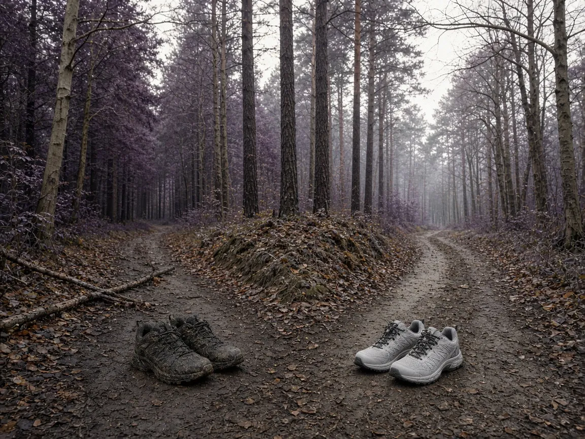 Two pairs of walking shoes at a forked forest path, one muddy and one clean